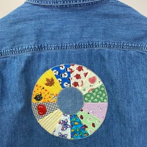 Gap long Sleeve Denim Button Down Shirt With Patchwork Graphic On Back SZ XL
